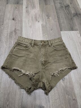 BDG 100% Cotton Olive Green Distressed Faded Denim High-Waist Shorts